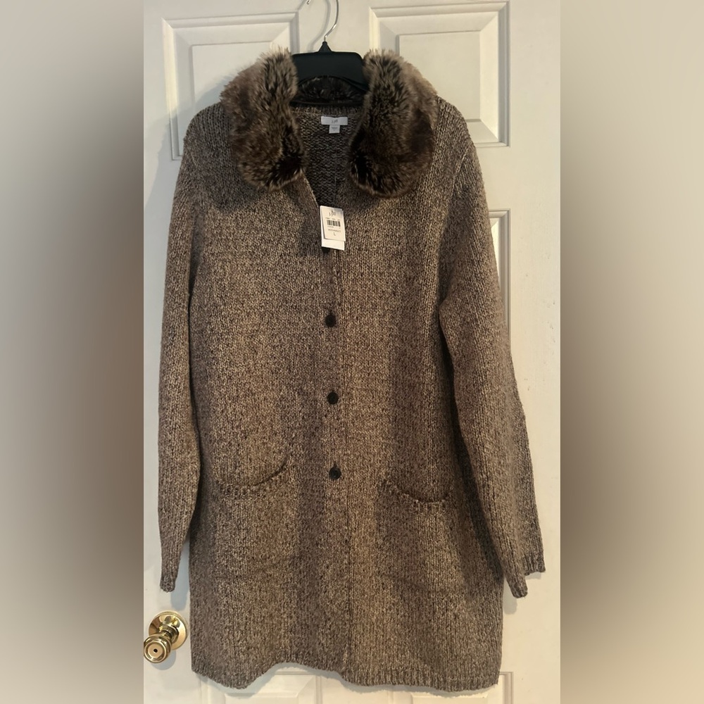 J.Jill Brown Tweed Sweater Jacket W/Fur Collar. L. NWT